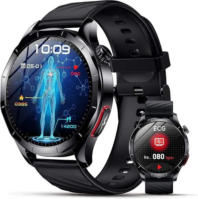 2026 Nuevo ECG Reloj Inteligente Hombre con HRV/ρresιón Arterιαl/BMI/Ácido Úrico/Lípidos, 1.43“ AMOLED Smartwatch con 24H Pulsómetro SpO2 Monitor de Sueño, Pulsera Actividad para Android iOS