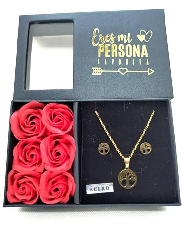 EUROAMZ Set Regalo Mujer: Caja con 6 Rosas Eternas Perfumadas, Colgante y Pendientes, Bolsa Incluida - Ideal para Día de la Madre, San Valentín, Cumpleaños (Dorado Árbol)