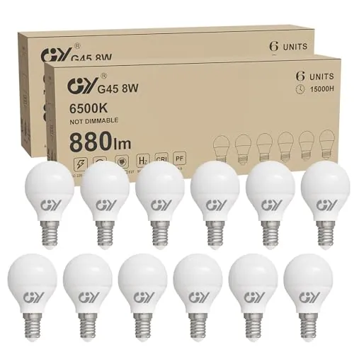 GY Bombilla LED E14 Luz Fría 6500K 8W 880LM, Bombillas Miniesfèrica G45 Rosca fina, sin Parpadeo, CRI＞80, Ahorro Energético, No Regulable, 12 Pieza