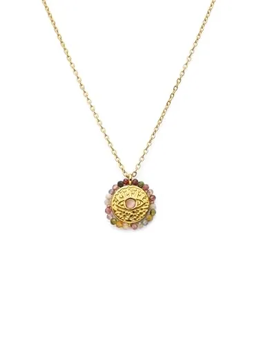 SINGULARU - Collar Medallion Stones Eye. Acero con Acabado en Baño de Oro de 18Kt. Cadena con Medallón Largo Ajustable. Joyas para Mujer
