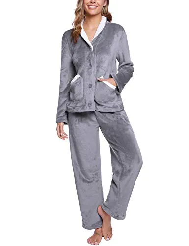 iClosam Pijama Invierno Mujer Franela Polar 2 Piezas con Botones para Casa | Conjunto de 2 Piezas, Parte Superior con Botones, Pantalón Largo, Polar Suave, Ajuste Holgado, Casa y Dormir, Otoño Invierno
