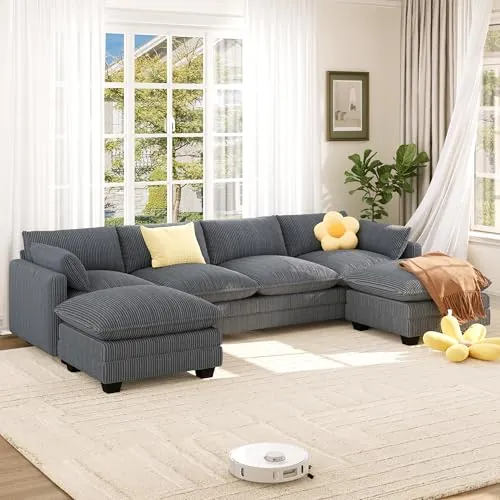 Xbro Sofá Modular en Forma de U 319 cm, Sofá Nube para Sala 4 Plazas, Sofás Convertibles con Taburete Otomano, Tela de Pana, 319x 141x 85.5cm, Gris Oscuro