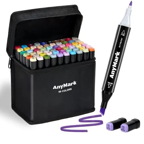 AnyMark Rotuladores Alcohol 60 Colores, Doble Punta Biselada y Fina