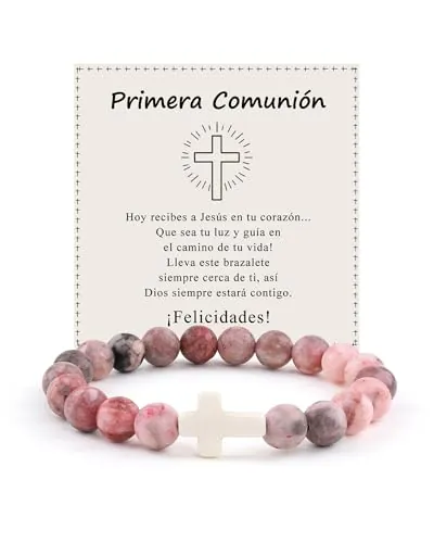 VGWON Regalo Primera Comunión Niña, Regalo Cristiano para Hija Nieta Ahijada, Pulsera Niña de Piedra Natural y Cruz, Regalo de Confirmación, Pascua Navidad Cumpleaños