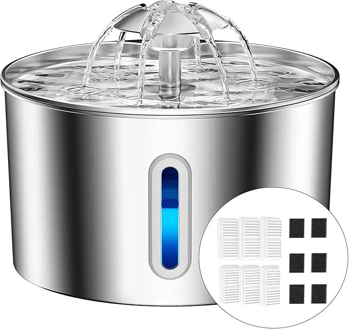 Fuente para Gatos Acero Inoxidable, 2,2L Bebedero Gatos con Cable Filtración Cuádruple, Ultra Silencioso, Fácil de Limpiar, con LED y 6 Filtros Carbón Activado