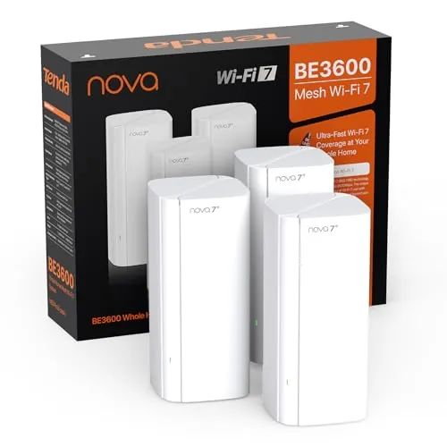 Tenda Nova ME3 Pro (Pack de 3) – Sistema WiFi 7 Mesh BE3600 (3.6 Gbps Doble Banda), 3 Puertos Gigabit, Cobertura para Todo el Hogar, Ideal para Streaming 4K y Juegos, MLO, WPA3, Itinerancia Continua