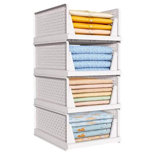TidyIsles 4 Unidades de Organizador Armario Plegables y Apilables, Cajonera Organizadores de Plastico y Separadores, Plástico de Ropa Almacenamiento y Organización para Dormitorio y Baño, Blanco