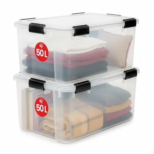 Iris Ohyama 2 Cajas herméticas de plástico con tapa y cierres a presión, 50L, Transparente, sello impermeable, apilables, antipolvo, para ropas, camping, exteriores, cubo de almacenaje, box, AT-L