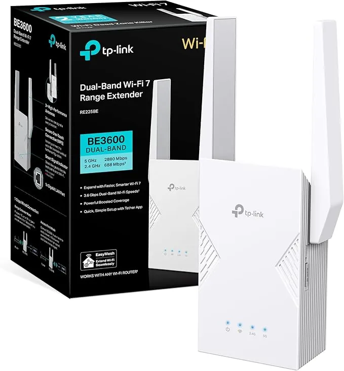 TP-Link RE225BE Repetidor de Doble Banda Wi-Fi 7 Amplificador, WiFi de hasta 3,6 Gbps, Puerto Gigabit LAN, MLO, EasyMesh, WPA3, botón WPS, Compatible con Fritzbox