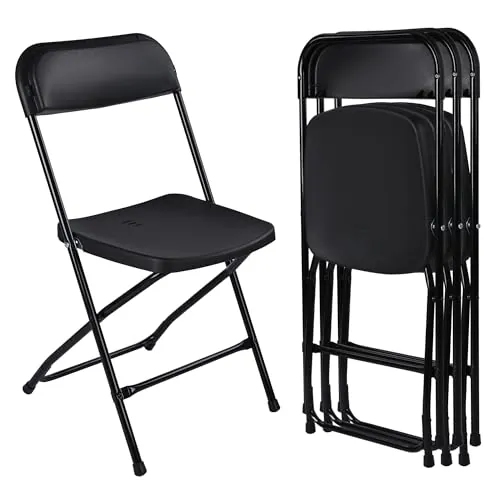 Pack 4 Sillas Plegables Negras Apilables Resistentes Para Interior Exterior | Asiento Ergonómico Plástico Reforzado Estructura Acero Antideslizante | Uso Oficina Comedor Eventos Camping | Hasta 120kg