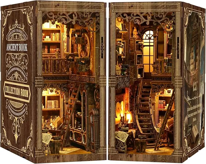 Book Nook Biblioteca Antigua con Lluminación, Puzzle 3D DIY, Kit de Maquetas de Madera en Miniatura, Diorama Sujetalibros, Decoración para Sala de Estar, Regalo Intelectual y Refinado