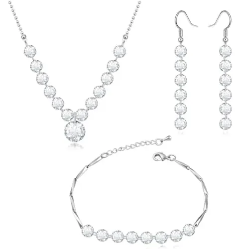 Crystalline Azuria Mujer 18ct Chapado en Oro Blanco Boda Juego de joyas Blanco Cristales de Zirconia Collar de hilo Pendientes Pulsera para Mujer y Niña