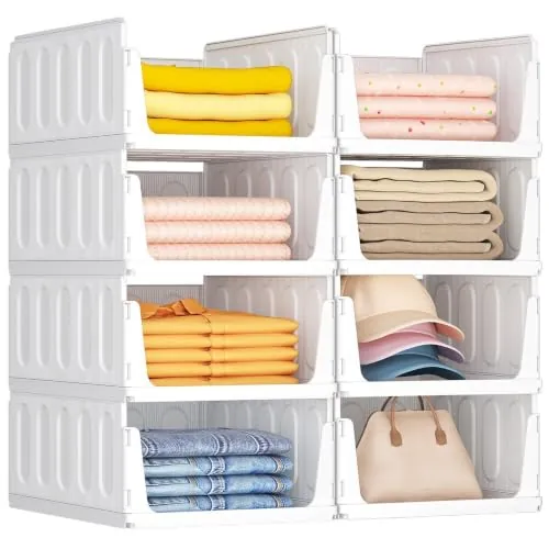 Lifewit Organizador de Armario Ropa, 8 Pack Baldas Apilables Interiores, Cajonera de Almacenaje para Camisetas y Pantalones, Contenedores Extensibles para Baño, Cocina y Camping, 24L, Blanco