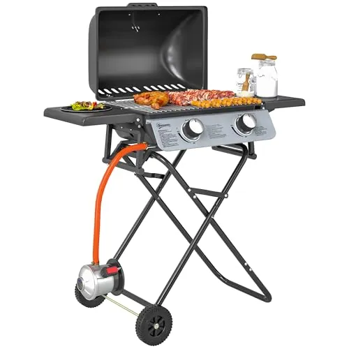 Outsunny Barbacoa de Gas con 2 Quemadores de Acero Inoxidable 5,6 KW Barbacoa Portátil con Mesas Laterales Plegables Bandeja Extraíble Termómetro y 2 Ruedas para Pícnic Camping 101x50x102 cm Negro