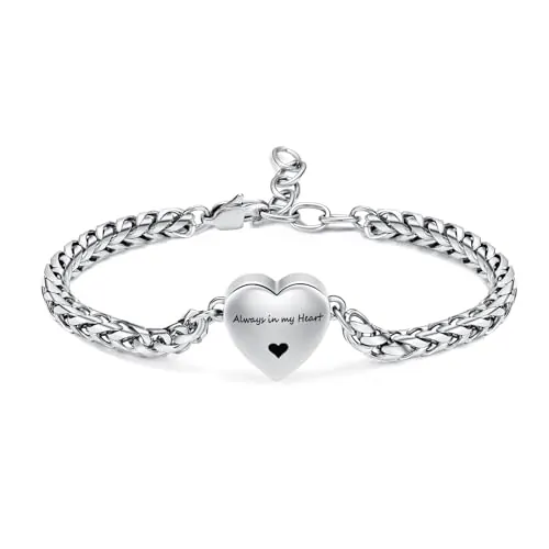 Minicremation - Pulsera de urna para cenizas con medallón de corazón, pulsera de cremación, conmemorativa, ajustable, soporte de eslabones para cenizas, cadena de eslabones para mujer, Plata-Always