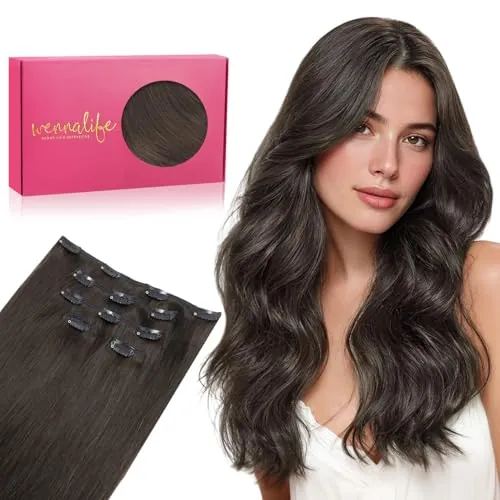 WENNALIFE Remy Extensiones de clip de pelo natural, 80 g, 5 unidades, 50 cm, color marrón oscuro