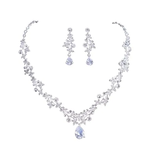 FFWTPY Juego de Joyas de Boda para Novia Conjunto Collar con Colgante y Pendientes de Plata con Diamantes de Imitación Cristal Conjuntos de Joyas para Mujeres y Niñas