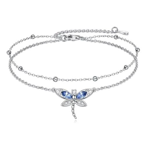 VONALA Libélula Tobillera Plata de Ley 925 Libélula Azul Regalos Joyas con Cristal Regalos de Cumpleaños para Mujeres Niñas, 22.5 cm, Plata de ley