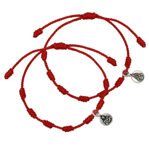 2 Pulseras escapulario Virgen del Carmen - La pulsera roja con nudos lleva la imagen de la Virgen del Carmen en una cara y Sagrado Corazón de Jesus en el lado posterior - Se envía en cajita de regalo
