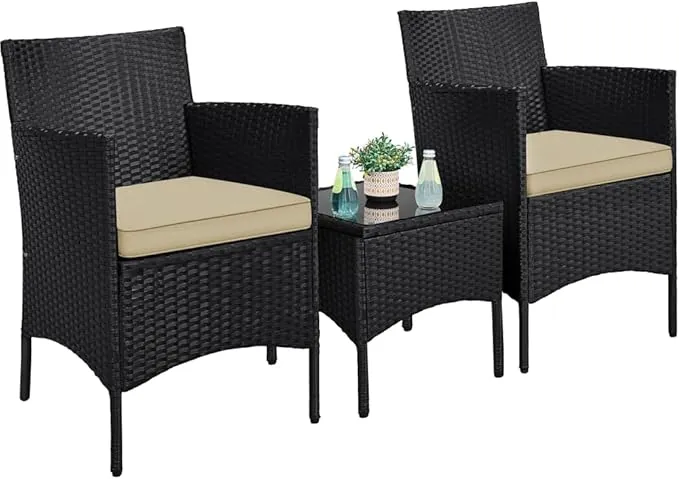 Yaheetech Conjunto de Muebles de Jardín Exterior Muebles Terraza con Cojines Juego de Sillas Ratán PE y Mesa de Vidrio para Balcon Negro/Caqui