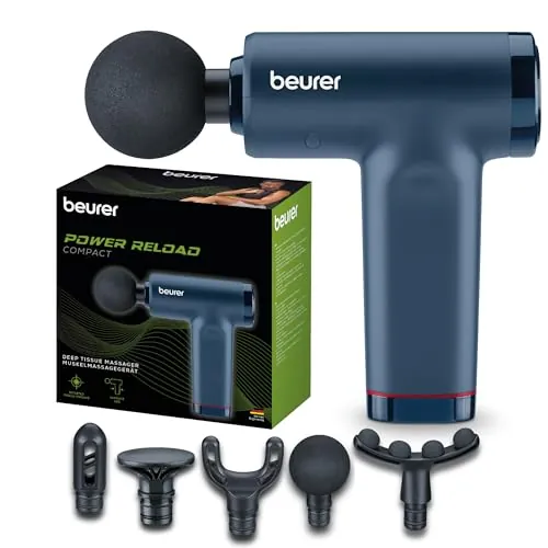 Beurer PowerReload pistola de masaje, masaje de puntos gatillo para relajación y regeneración, potente dispositivo de masaje muscular con 5 cabezales, 5 niveles de intensidad,extremadamente silenciosa
