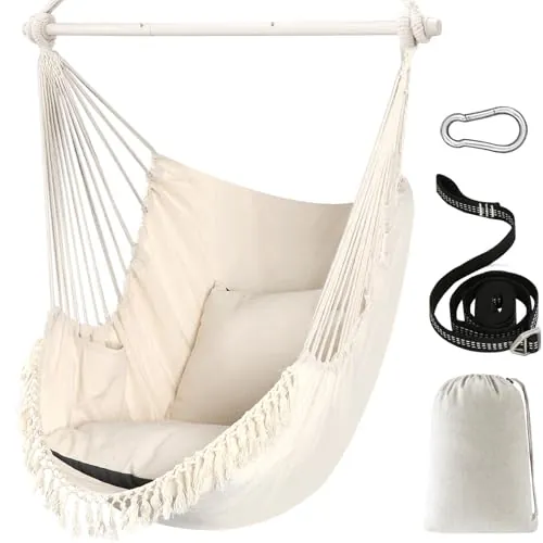 Chihee Columpio Silla Hamaca MAX 227KG 2 Cojines incluidos Barra de Metal con Ranuras Antideslizantes Silla Colgante portátil Bolsillo Lateral Silla Bohemia Grande de macramé Interior Exterior