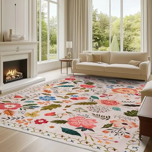 Alfombra de salón, 240 x 340 cm, diseño floral vintage, lavable y antideslizante, con estampado plano, diseño ultrafino, ideal para dormitorios, habitaciones infantiles, baños y lavanderías, beige