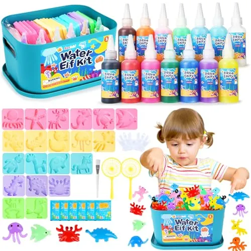 Sanlebi Juguete de Aqua Gelz, 46 PCS Creativos Elfo Mágico de Agua, con 14 Botes de Gel de Color y 20 Formas, con Caja de Almacenamiento, Regalo para Niños Niñas 3 4 5 6 Años