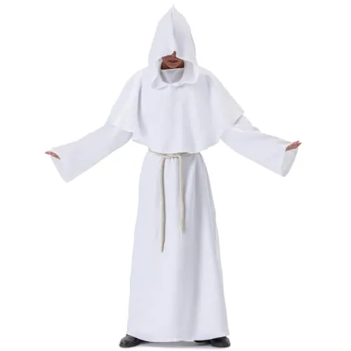 Myir JUN Disfraz Halloween Hombre, Disfraz Carnaval con Capucha | Disfraces Dedievales Halloween Costume Traje Renacimiento medieval para Adulto (Blanco, L)