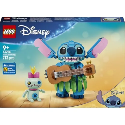 LEGO Disney Stitch y Scrump 43296 | Juguetes para niñas de 9+ años, decoración de habitación, 2 figuras con ukelele y peluche, regalo de cumpleaños, 713 piezas