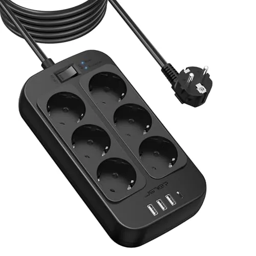 JSVER Regleta Enchufes 5M, Proteccion Sobretension con 6 Toma de Corriente y 4 USB Puertos(5V3,4A) USB Estación de Carga Inteligente USB Tomas Alargadora con Interruptor-Negro