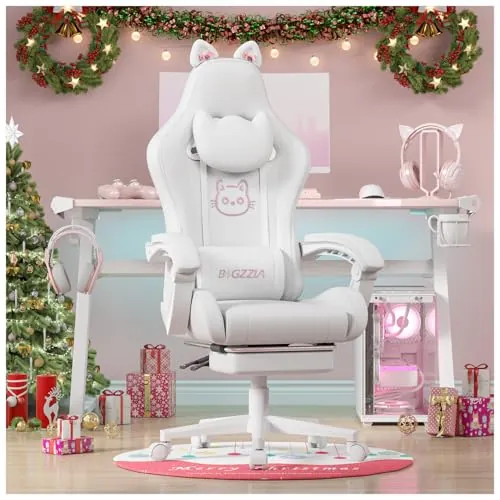 Bigzzia Silla Gaming con Orejas, Silla Gamer con Masaje (Blanco Puro)