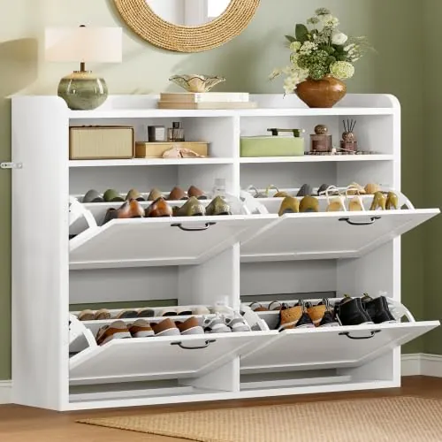 TEENFON Mueble Zapatero Recibidor Estrecho–105cm de Ancho, Armario Zapatero con 4 Solapas y 2Compartimentos Abiertos, Estantes Ajustables, para18–26Pares de Zapatos, Apto para Pasillo,Recibidor,Blanco