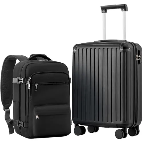 COOLIFE Maleta de Cabina 55 x 40 x 20 cm para avión Ryanair, Equipaje de Mano, Equipaje de Cabina, maletín rígido con Cerradura TSA y 4 Ruedas gemelas (Negro, 55 x 40 x 20 cm - Set de 2 Piezas)