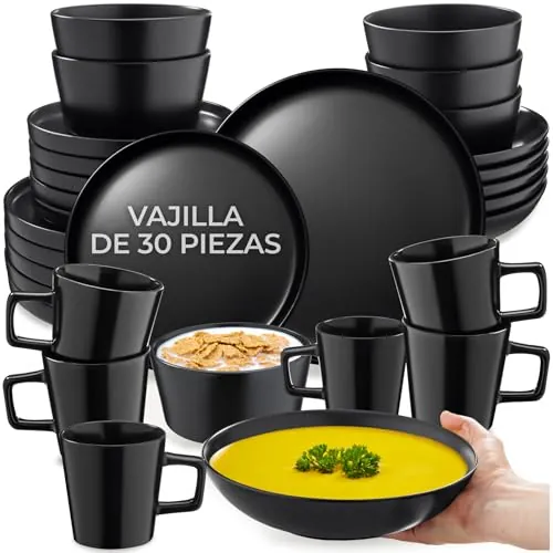 tectake® Vajilla de Gres 30 Piezas para 6 Personas, Estilo Urbano, Apilable