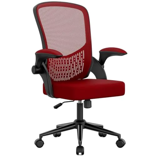 naspaluro Silla de Oficina Ergonómica con Soporte Lumbar de Diseño Exclusivo, Brazos Abatibles 90°, Tapicería de Malla Transpirable, Silla de Escritorio Giratoria 360°, Negro con Rojo