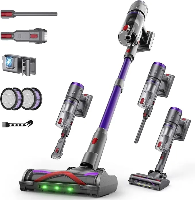 Aspiradora Sin Cable 58000Pa/600W/75Min, Escoba Aspiradora sin Cable de 1.6L, Pantalla Táctil LED Inteligente, Aspirador Inalámbrico Antienredo, Ideal para Suelos, Alfombras y Pelo de Mascotas