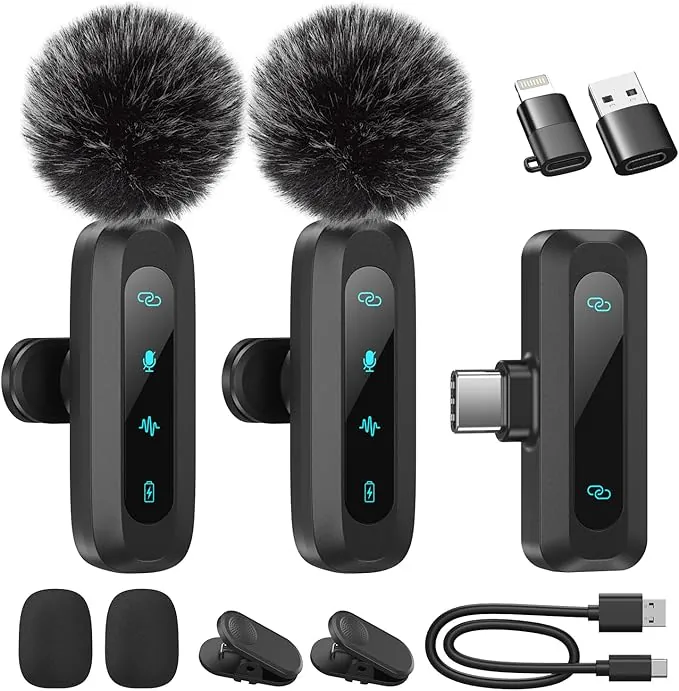Micrófono Lavalier inalámbrico para iPhone, iPad, teléfono Android, Paquete de 2 Mini micrófonos con reducción de Ruido (2EN1)