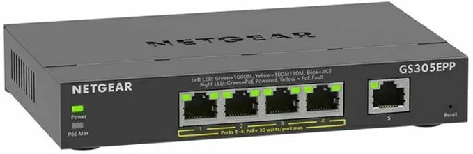 NETGEAR Switch PoE de 5 Puertos Smart Plus GS305EP, Ethernet con 4 x PoE+ a 63 W, Montaje sobremesa/Pared