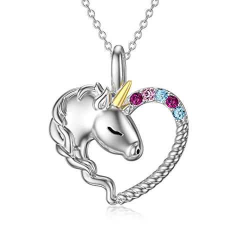 Flpruy Colgante Collar de Unicornio para Niña, Plata de Ley 925, Arco Iris, Unicornio, Joya de Regalo para Niñas, Mujeres, Hijas, Plata Esterlina