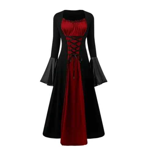 YRTBGD Disfraz renacentista para mujer, vestido medieval con mangas de trompeta, vestido gótico, ropa medieval para mujer, para Halloween, carnaval (negro rojo, XL)