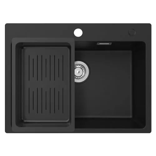 CECIPA Fregadero de Cocina Negro 60 x 45 cm, 1 Seno con Cestillo Colador, Granito con Sifón Classic y Rebosadero, para Mueble Bajo a Partir de 60 cm
