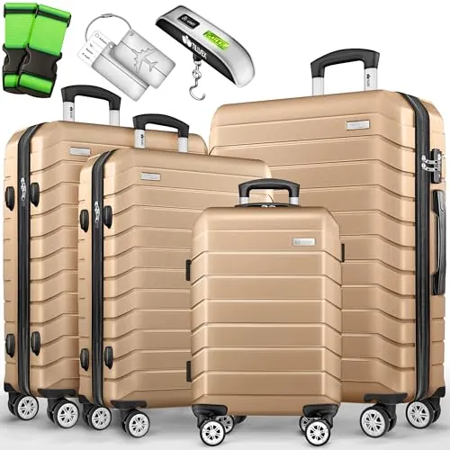tillvex® Juego de 4 Maletas de Viaje + báscula para Equipaje, 4 Correas para Maletas y 4 Etiquetas para Maletas | Set de Maletas de Viaje con 4 Ruedas | Maleta con candado TSA (Champán)
