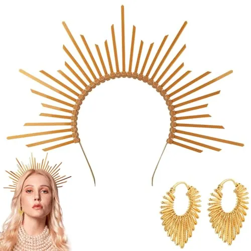 LDBKLGHJ Corona de Diosa Dorada para Mujer, Diadema de halo con 1 par de Pendientes, Ideal para Fiestas, Bodas, Halloween, Fotos, 5.11 Pulgadas