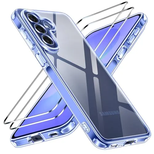 ivoler Anti-Amarillo Clara Funda para Samsung Galaxy A57 5G con 2 Piezas Cristal Templado, [Protección Militar] Carcasa Protectora Antigolpes Transparente Anti-Choques Bumper Case, Azul