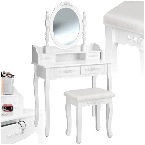 tectake® tocador de Maquillaje, Estilo Vintage, Espejo Giratorio, Taburete Acolchado, 4 cajones, Elegante, Muebles Dormitorio, tocador con Espejo, Espejo Maquillaje, tocadores de Maquillaje - Blanco