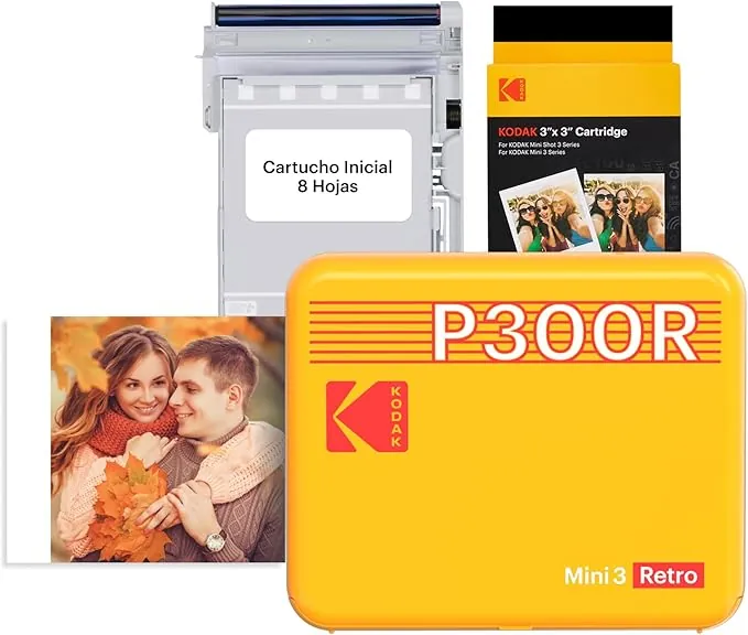 KODAK Mini 3 Retro Impresora Fotográfica Portátil 7,6 x 7,6 cm, 38 Hojas, Impresora Bluetooth para Smartphone iPhone & Android, Impresión Instantánea en Color, Sublimación 4PASS, Amarillo