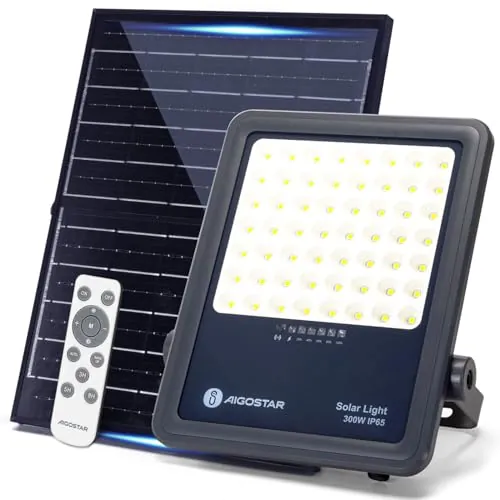 Aigostar Foco proyector LED solar con control remoto,focos solare de 300W, 3000LM,luz blanca fría de 6500K,IP65 impermeable Luz solar exterior,para jardín,terrazas,caminos,garajes,cable de 2M