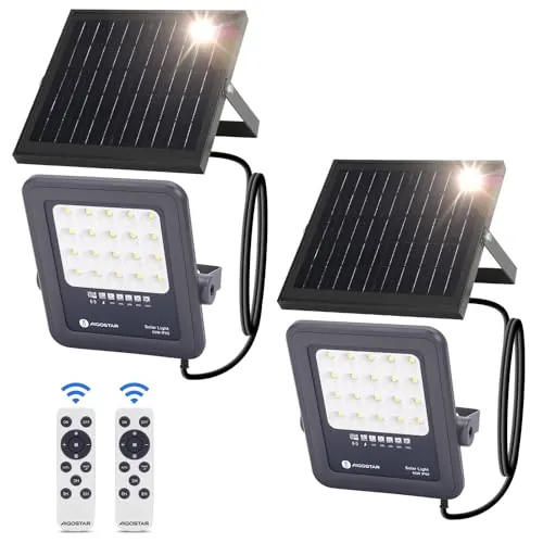 Aigostar Foco proyector LED solar con control remoto,focos solare de 50W, 500LM,luz blanca fría de 6500K,IP65 impermeable Luz solar exterior,para jardín,terrazas,garajes,cable de 2M,Paquete de 2