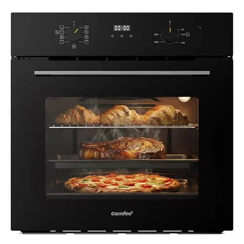 COMFEE' Horno Pizza Eléctrico Empotrable Multifunción, Convección, 1 Bandeja y 1 Rejilla, Limpieza Aquactiva, 70L, 7 Funciones, Ventilador de, Cavidad Esmaltada, Puerta Fría, CBO70M80D2-BK [Clase A]